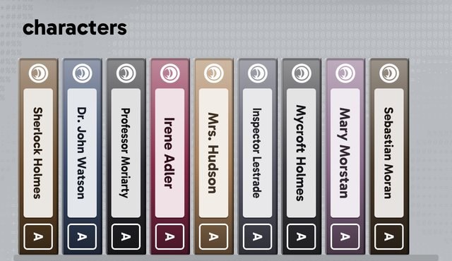 the characters of sherlock holmes, each on its own spine