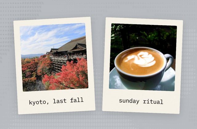 two polaroids captioned kyoto, last fall and sunday ritual