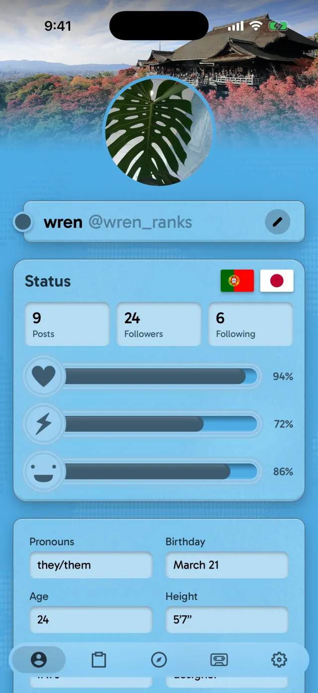 wren's about page: a photo, flags, posts and followers, and three status sliders