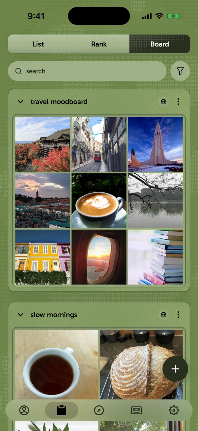 a 3 by 3 travel moodboard and a 2 by 2 board called slow mornings