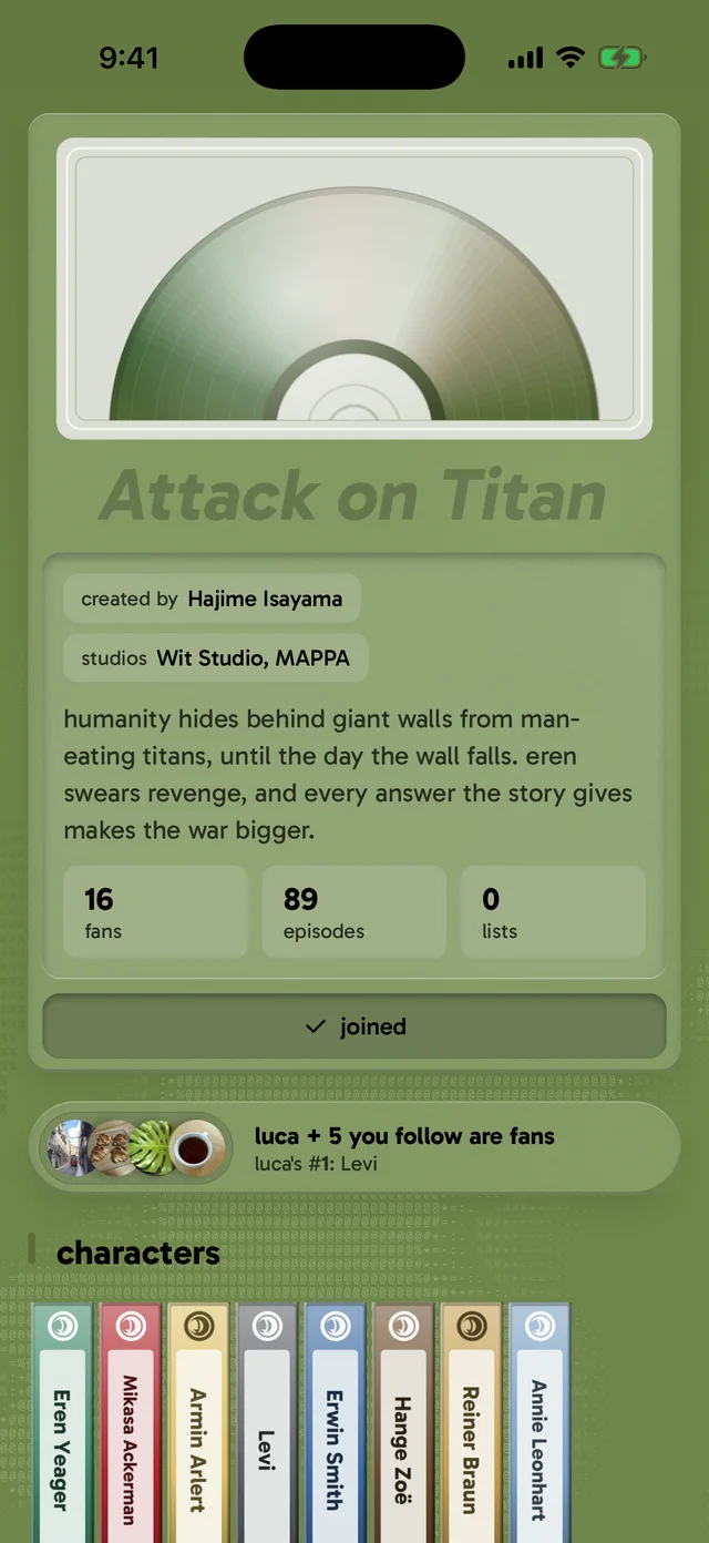 the attack on titan page, in its own green