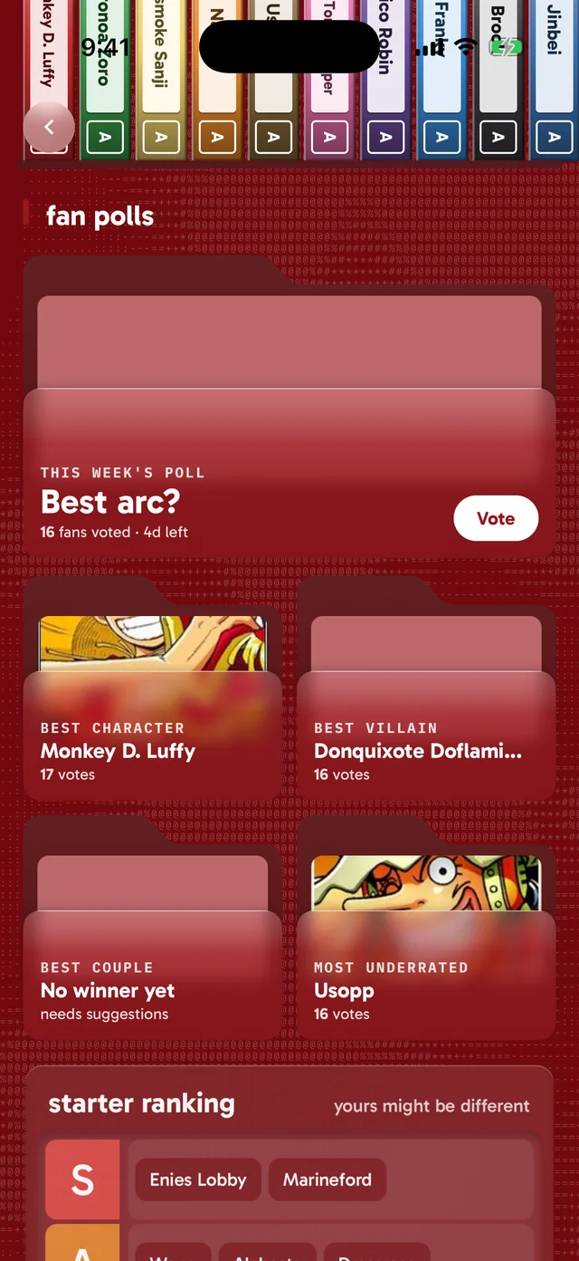 the one piece page in its own red: this week's poll and four fan polls, as folders