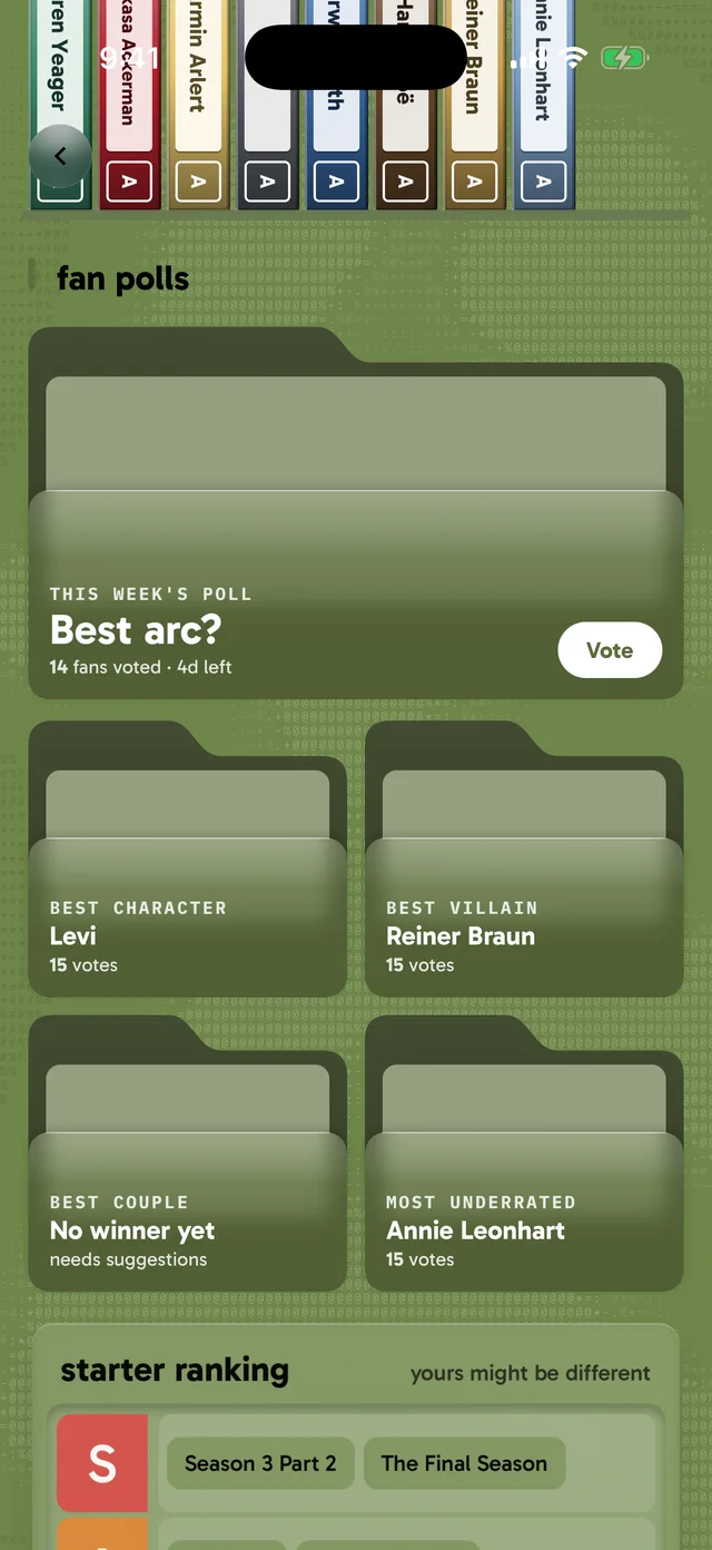the attack on titan page in its own green: this week's poll and four fan polls, as folders