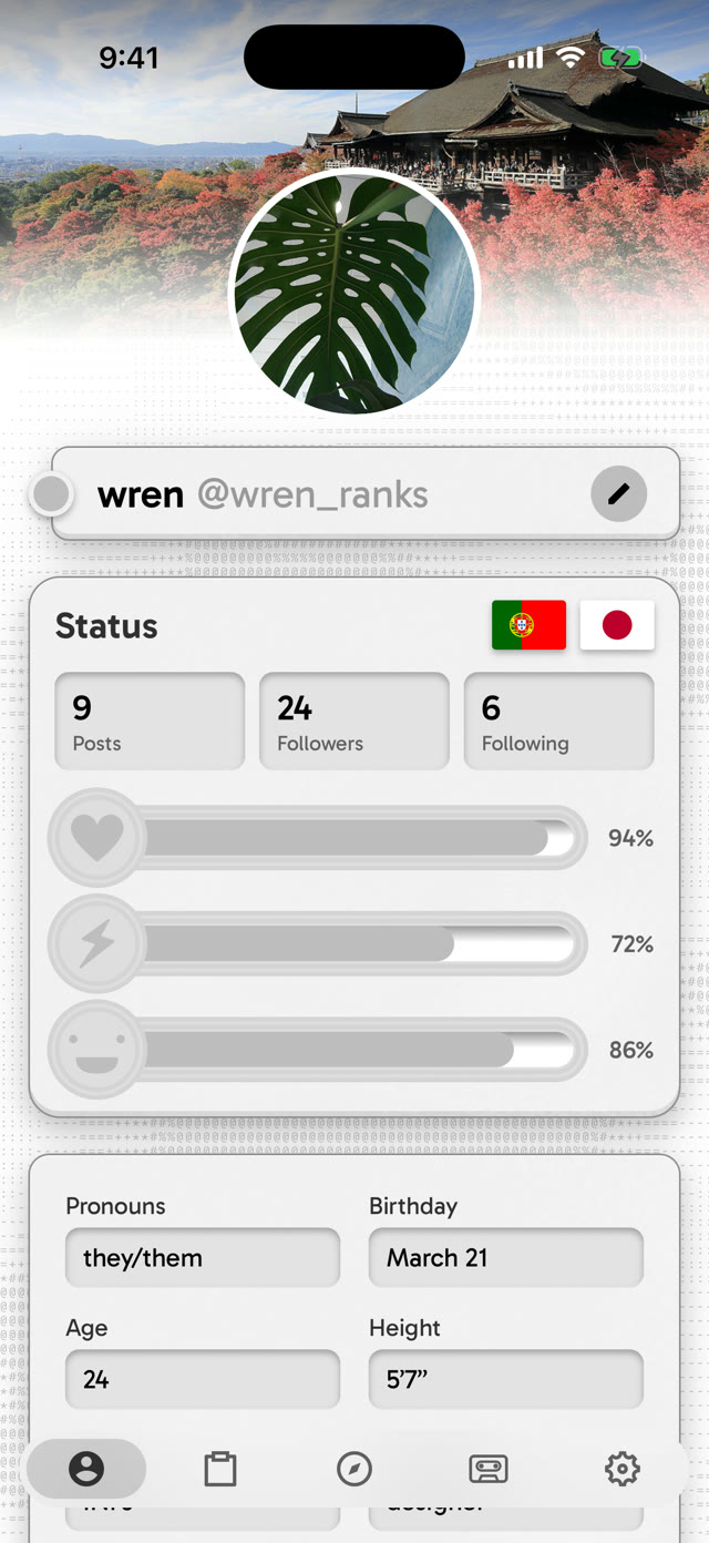 wren's about page: a photo, flags, posts and followers, and three status sliders