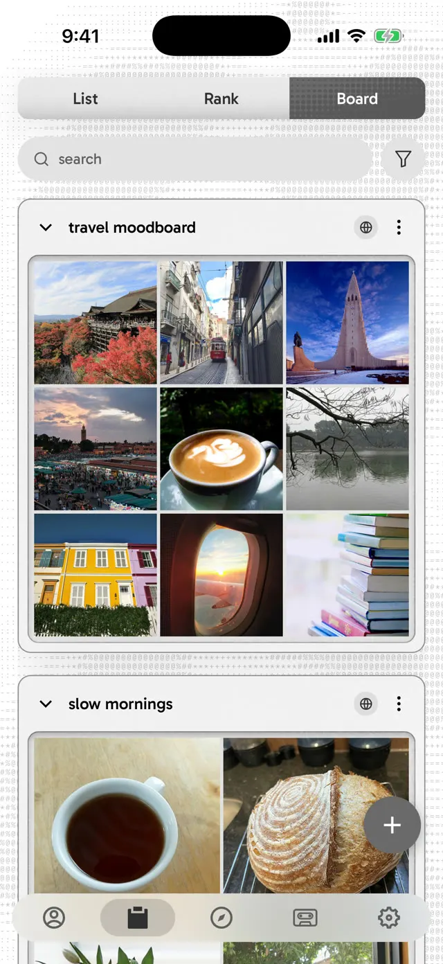 a 3 by 3 travel moodboard and a 2 by 2 board called slow mornings