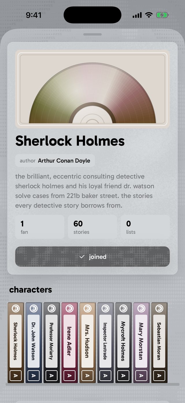 The Sherlock Holmes fandom page: a disc header, a short synopsis, fan and story counts, a joined button, and character spines