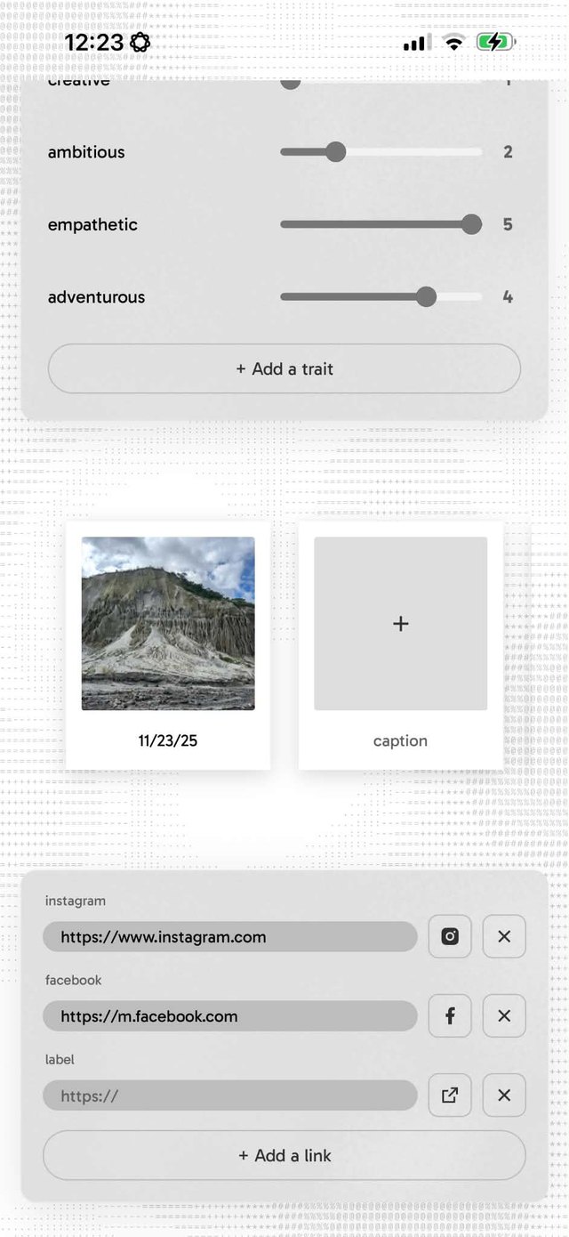 Polaroid photos with captions and links to Instagram and Facebook