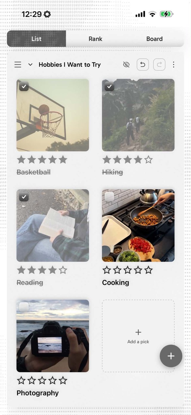 A checklist called Hobbies I Want to Try, with photos, star ratings and three picks checked off