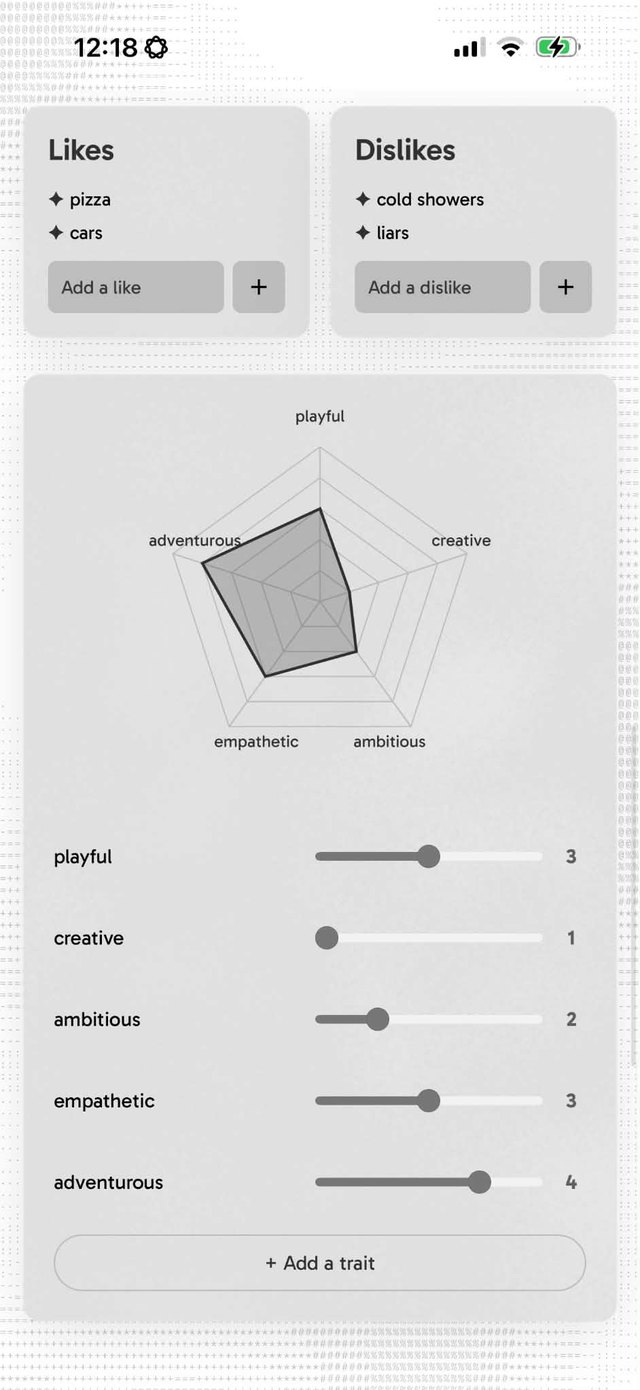 Likes, dislikes and a taste radar with trait sliders